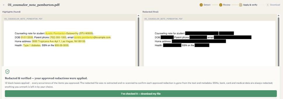 RedactWorks verification: the highlighted original beside the final redacted file with black boxes, above a banner reading Redacted and verified — re-extracted and re-scanned