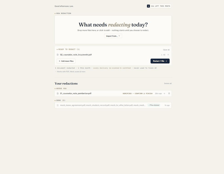 Animated capture of RedactWorks: a sample document is uploaded, detected items appear as yellow highlights with a findings checklist, redaction is applied, and the file is re-scanned and marked verified